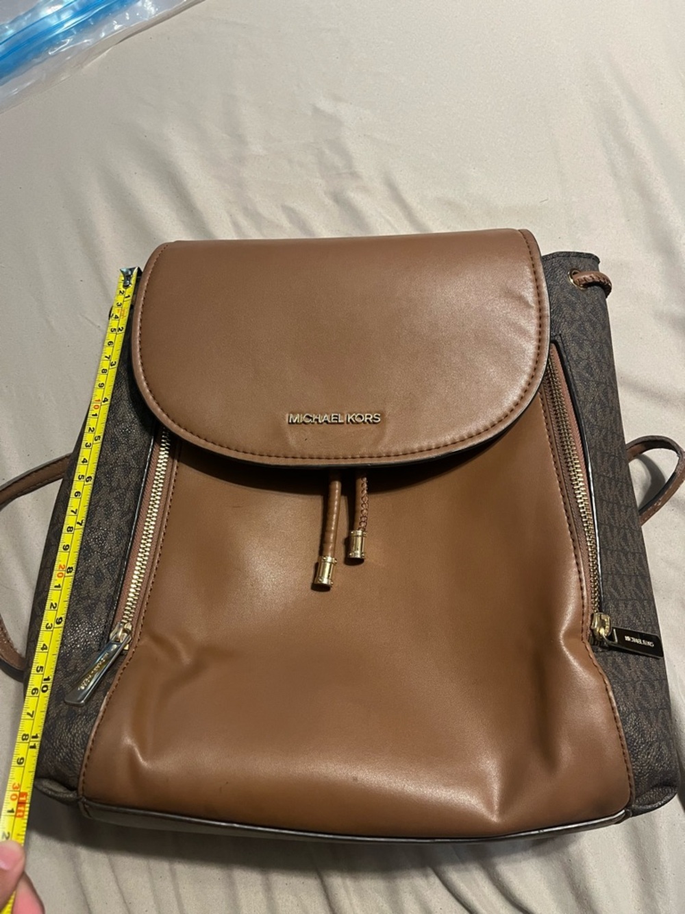Used Michael Kors Brown Leather & Logo-Print Backpack with Gold Hardware